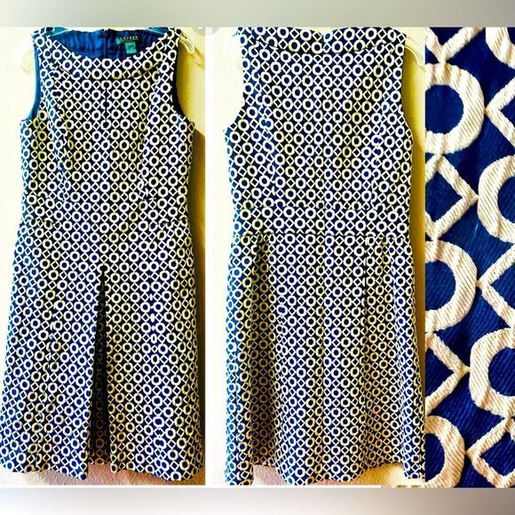 RALPH LAUREN BLUE/GOLD FAUX SPLIT FRONT SKIRT SHEATH DRESS SIZE 4 - Picture 1 of 11